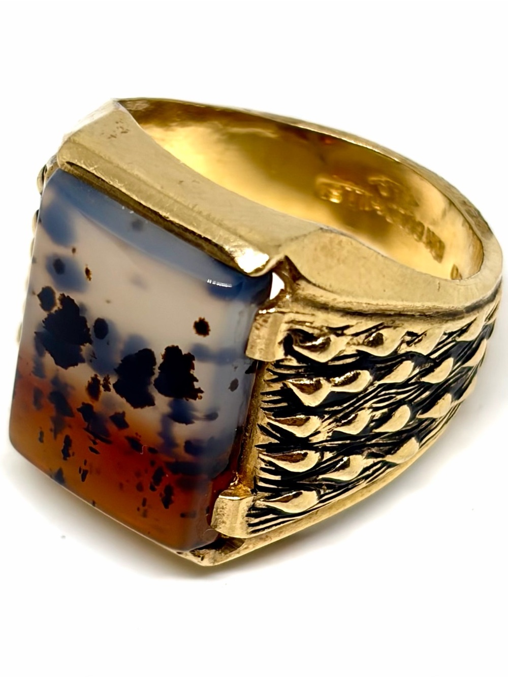 Antique Victorian 10K Rose Gold Filled Spotted Moss Agate Signet Ring Size 7.9